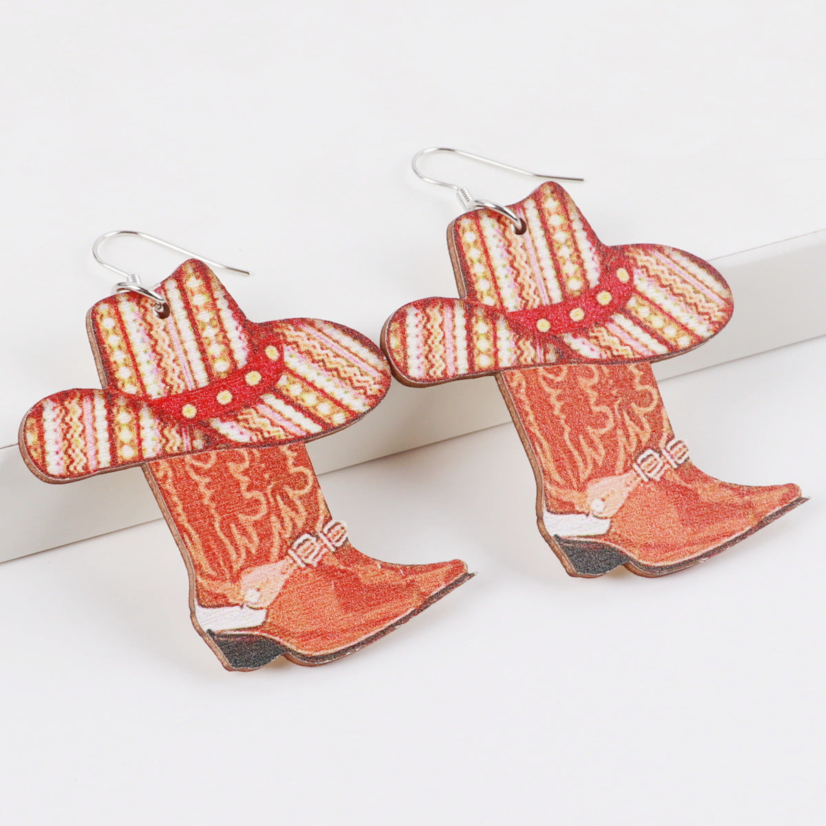 Wholesale Western Style Sunflower Cow Head Boots Wood Chip Hollow Earrings